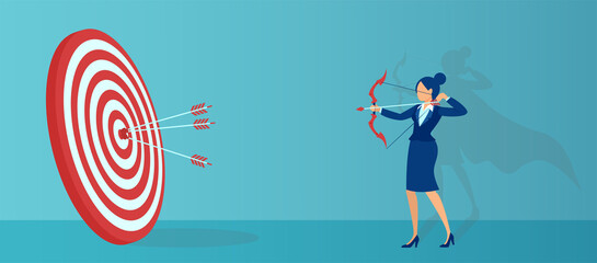 Vector of a business woman with super hero shadow and archer aiming at target and shooting with arrow