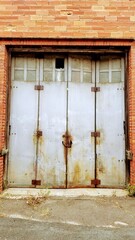 Folding garage door on an old industrial warehouse.