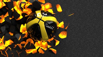 Black-Yellow Baseball breaking with great force through a hot iron wall under spot light background. 3D high quality rendering.