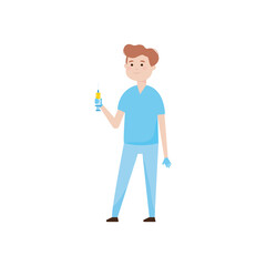 cartoon man standing holding a vaccine, colorful design