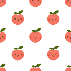 Kawaii Cartoon Peach. Colored Seamless Patterns 