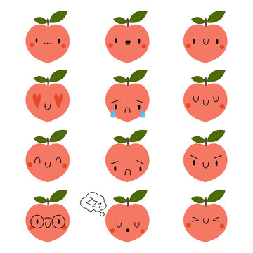 Set Kawaii Cartoon Peach. Vector Illustration EPS. 