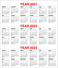 Year 2021 2022 2023 calendar vector design template, simple and clean design