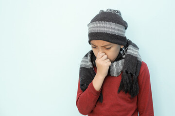 Children suffer from flu, fever headache and cough stock photo, isolated on white background