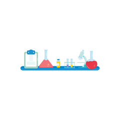 shelf with clipboard, microscope and chemical flask bottles, colorful design