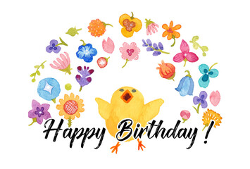 ヒヨコとお花のグリーティングカード（ハッピーバースディ） © こまちみゆた