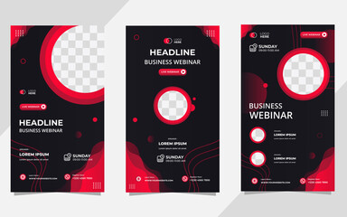 Collection of social media story post templates. Vector graphics of Black and Red background with wave shapes, perfect for business webinars, seminar, online class and other e-learning