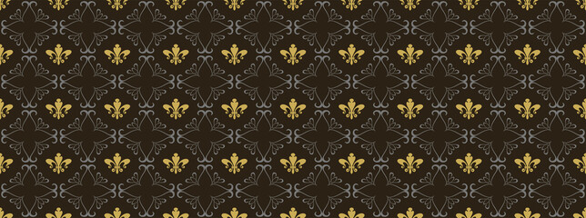 Elegant background pattern. Gold floral ornament on a black background. Seamless wallpaper texture. Vector illustration