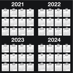 Year 2021 2022 2023 2024 calendar vector design template, simple and clean design