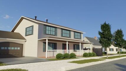 Fototapeta na wymiar Large fancy house in a high income neighborhood. Suburban real estate investment. Digital 3D render.