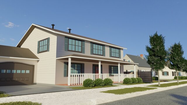 Large fancy house in a high income neighborhood. Suburban real estate investment. Digital 3D render.