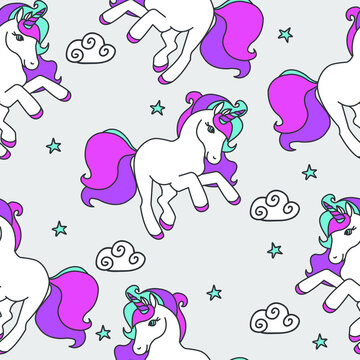 Seamless pattern with unicorns and stars. Baby background. © Maria