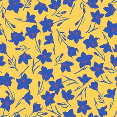 Blue flowers on a yellow background are seamless. Flying vector bluebell.