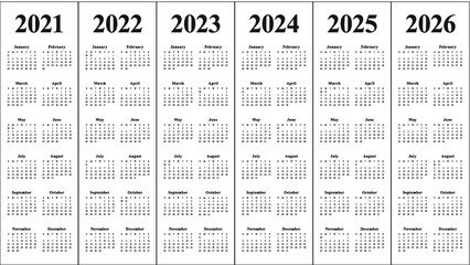 Year 2021 2022 2023 2024 2025 2026 calendar vector design template, simple and clean design