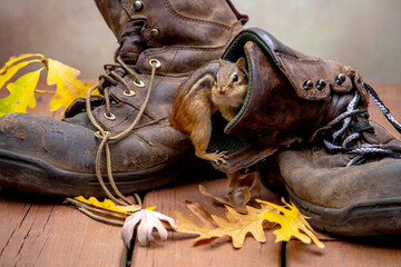 Chipmunk climbs into a old work  boot, looking for a new safe home 