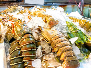 Fresh lobsters from sea are frozen on ice, ready to serve as ingredients for delicious seafood dishes for customers who visit a restaurant in Phuket, Thailand. Fresh raw food background concept