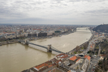 Aerial drone shot of Buda Castle on Buda hill in Budapest winter morning