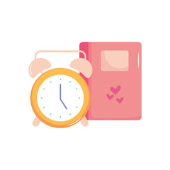 school notebook and alarm clock icon, flat style