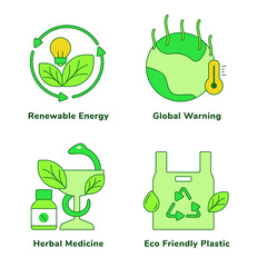 Ecology set collection renewable energy global warming herbal medicine eco friendly plastic white isolated background with green theme flat outline style