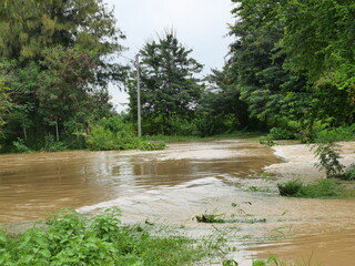 Turbid water from the creek in the rainy season is flooding and is flowing across the road in Thailand