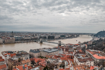 Fototapeta na wymiar Aerial drone shot of Danube River with Chain bridge before sunrise at dawn in winter