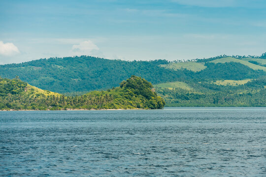 The mountainous landscape of Matnog, Sorsogon, Philippines. Shot from the San Bernandino Strait.