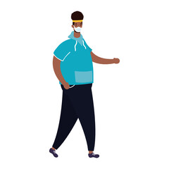afro ethnic man wearing medical mask with sportwear character