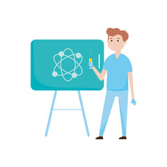 cartoon man holding a vaccine and presentation board with coronavirus icon, colorful design