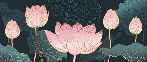 Luxuriöses Hintergrunddesign mit goldenem Lotus. Lotusblumen-Linienkunstdesign für Tapeten, natürliche Wandkunst, Banner, Drucke, Einladungs- und Verpackungsdesign. Vektor-Illustration. © TWINS DESIGN STUDIO