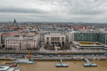 Aerial drone shot of Vigado ter Square in Budapest cloudy winter morning