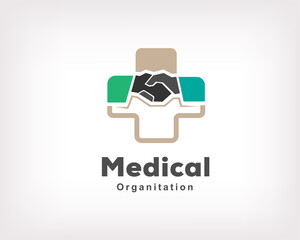 handshake deal relation medical cross logo symbol icon design illustration