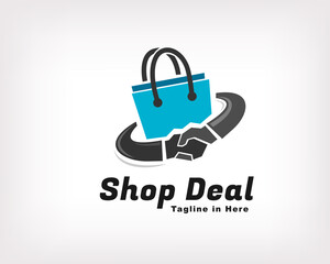 bag shop handshake deal, accept, agreement solution logo, symbol design illustration