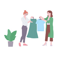 Swap party with women exchanging clothing, flat vector illustration isolated.