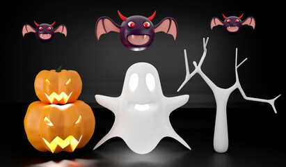 3d render. Celebration halloween ghost, flying bats spooky vampire horror symbol and pumpkin head carving smile and scrary eyes used to decorate in october.