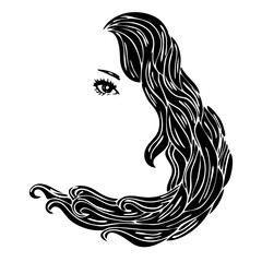 Bright logo portrait girl with hair in the form of sea waves. Water nymph, mermaid . Woman, female symbol of element of aqua ocean. For tattoo, print, cosmetics, design. Black silhouette on white.