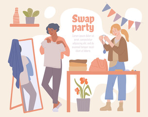 Flyer or poster for Fashion swap party with women flat vector illustration.