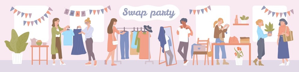 Banner with fashion swap party or flea market a vector flat illustration