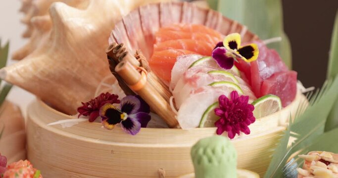 A colorful bowl of delicious fish meat - Kabuki Sushi -close up