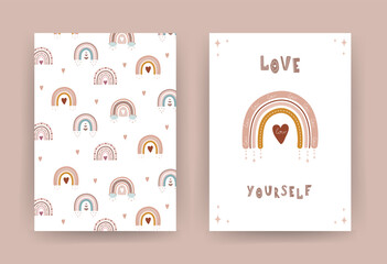Trendy rainbow in boho style in different color. Love yourself. Children illustrations for poster or post card. Doodle art element. Modern vector illustration.
