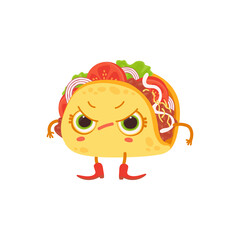 An angry aggressive taco character flat cartoon vector isolated illustration