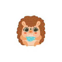 Fototapeta premium Cute hedgehog drinking hot drink, flat cartoon vector illustration isolated