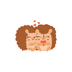 Couple of cute hugging hedgehogs with hearts a vector isolated illustration
