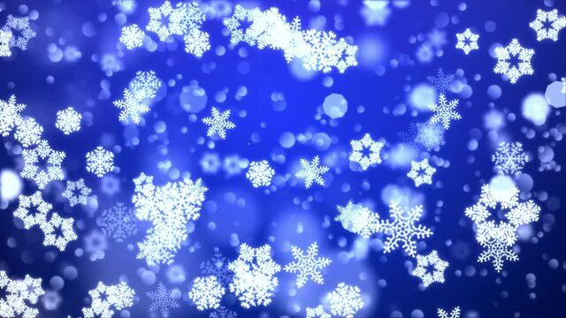 Abstract Falling particles snow snowflakes animation on Blue dark loop 4K background. fall 3d render with lens flare. thanksgiving, Holiday, winter, New Year, snowflake, snow, festive, snow flakes,