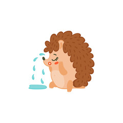 Funny sad little hedgehog crying with tears, flat vector illustration isolated.