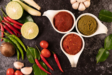 Green curry paste and red curry paste made from chili.