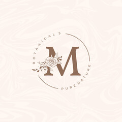 Letter M Botanical Flowers . Initial Wedding Monogram Font Logo. Circle Floral Rose Logo