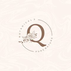Letter Q Botanical Flowers . Initial Wedding Monogram Font Logo. Circle Floral Rose Logo