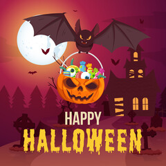 Happy halloween background with bat holding pumpkin bucket filled with candies