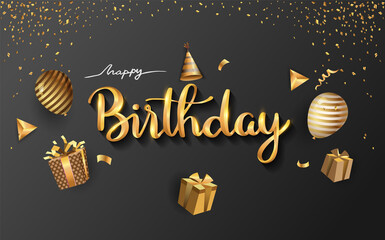 Happy Birthday typography vector design for greeting cards and poster with balloon, confetti and gift box, elegant design with gold and black color, design template for birthday celebration.