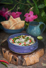 Baba Ganoush bowl with oven dried pita bread